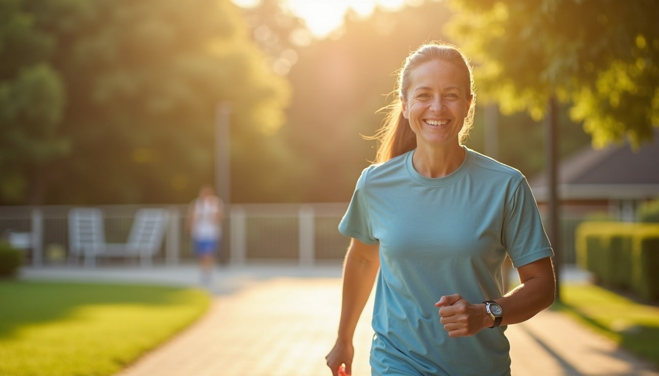 Person stretching outdoors with a calm, positive expression after recovering from tendonitis with early treatment
