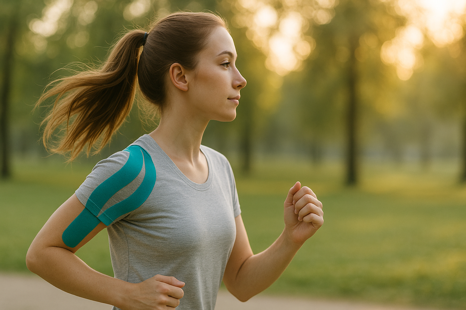 Runner with kinesiology tape on knee mid-stride
