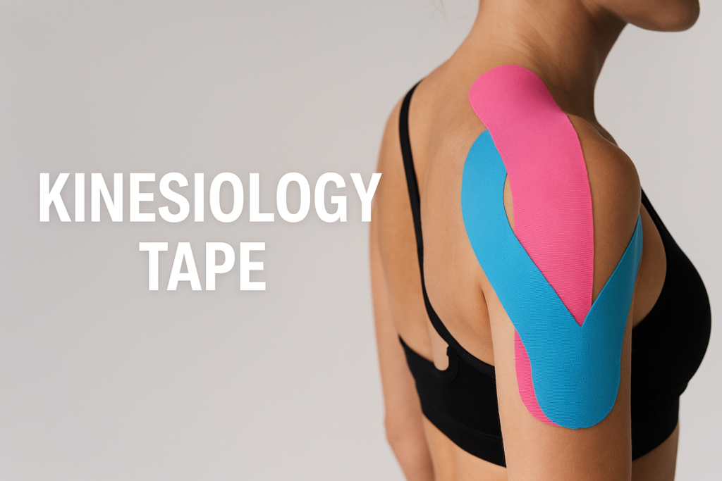 Person wearing kinesiology tape on shoulder for muscle support