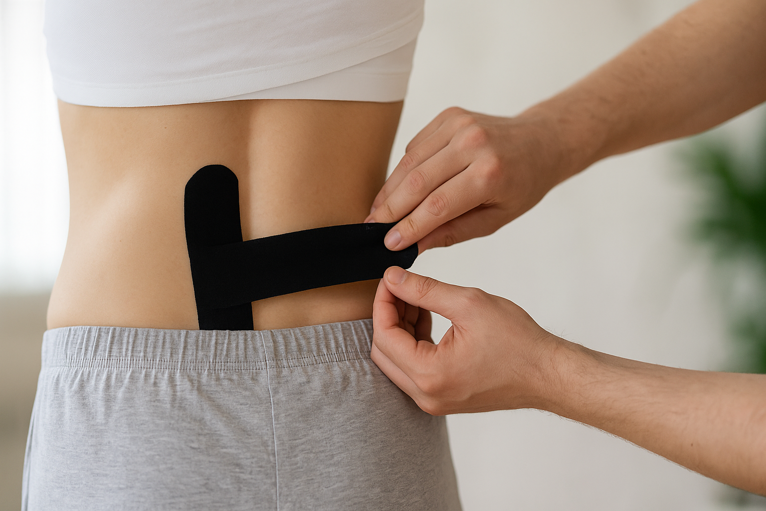 Person applying kinesiology tape to lower back for pain relief